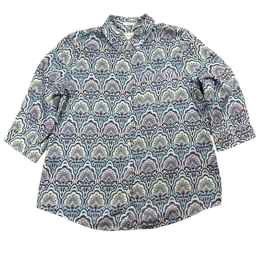 Chico's No Iron Linen Button Up Shirt Womens 2 Blue Paisley 3/4 Sleeve Paisley